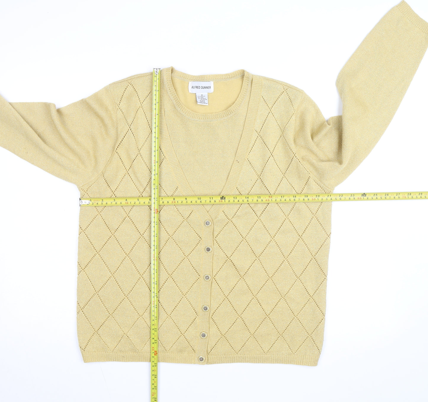 Alfred Dunner Beige V-Neck Argyle Knit Cardigan M Unisex Wool Blend
