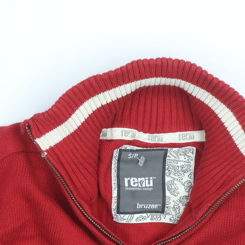 Bruzer Men’s Red 1/4 Zip Knit Jumper Embroidered Small Cotton Blend