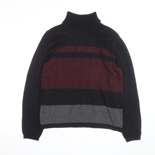 Karen Scott Men's Black Roll Neck Striped Cotton Jumper Size L