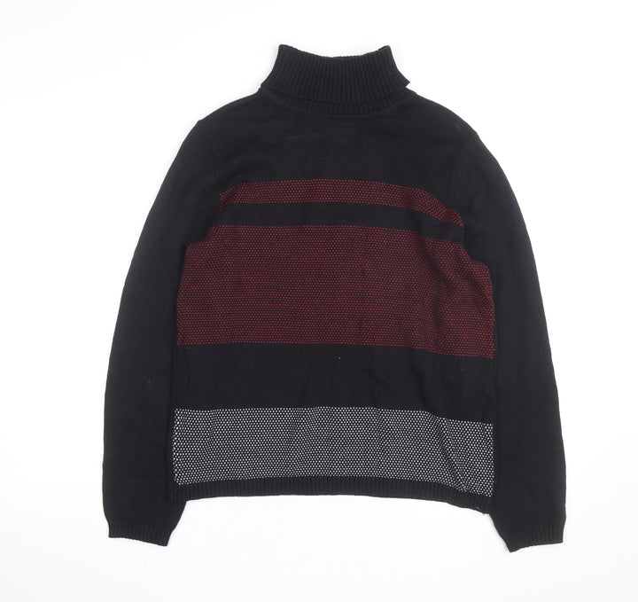 Karen Scott Men's Black Roll Neck Striped Cotton Jumper Size L