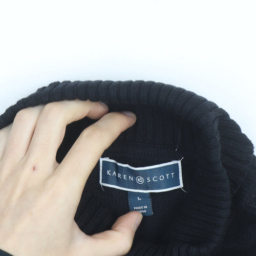 Karen Scott Men's Black Roll Neck Striped Cotton Jumper Size L