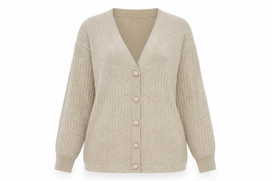 Front view of Braemar Petites by Jeremy Scott Beige V-Neck Knit Cardigan S