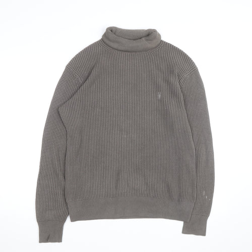 AllSaints Men's Grey XS Roll Neck Waffle-Knit Cotton Jumper