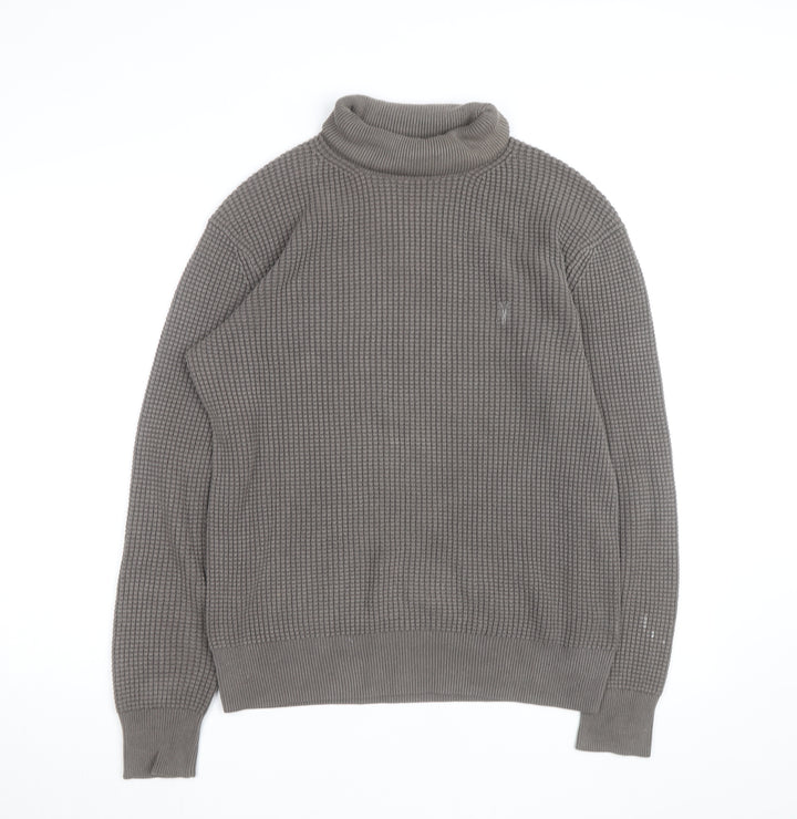 AllSaints Men's Grey XS Roll Neck Waffle-Knit Cotton Jumper