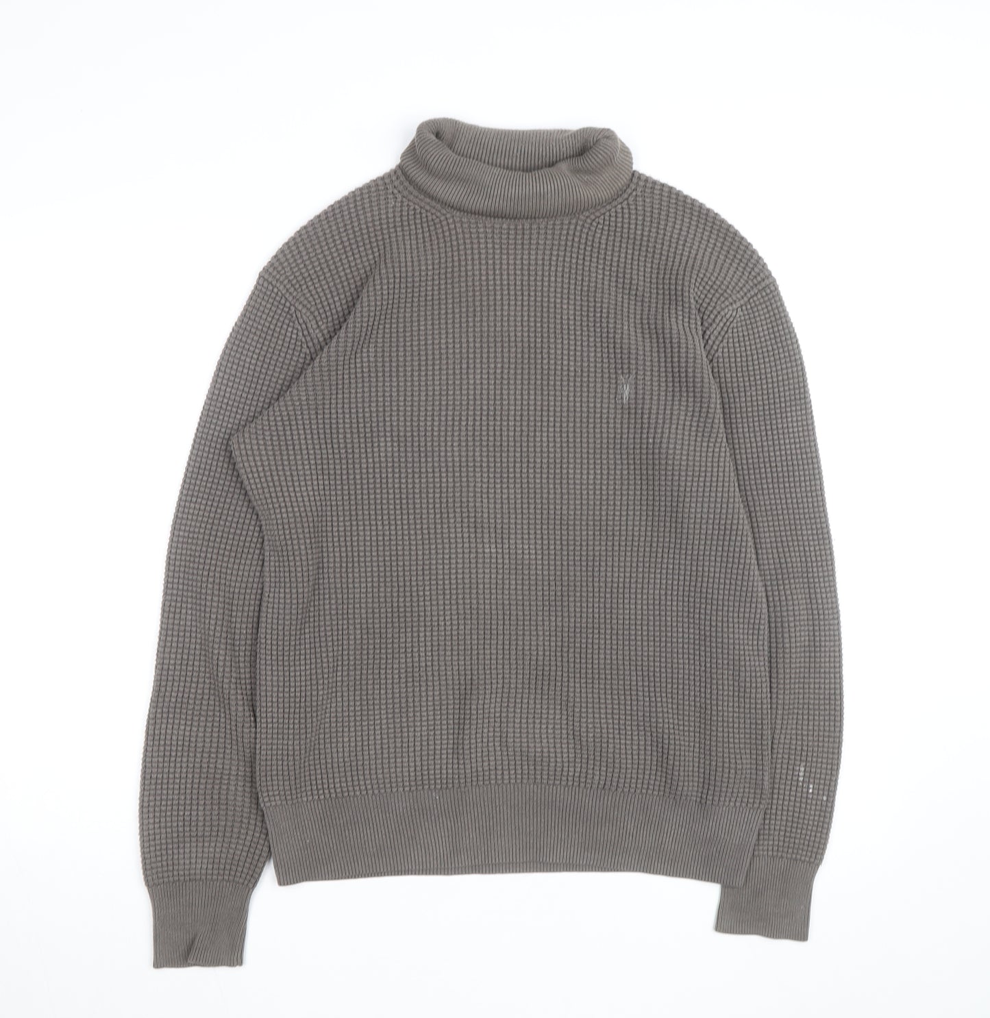 AllSaints Men's Grey XS Roll Neck Waffle-Knit Cotton Jumper