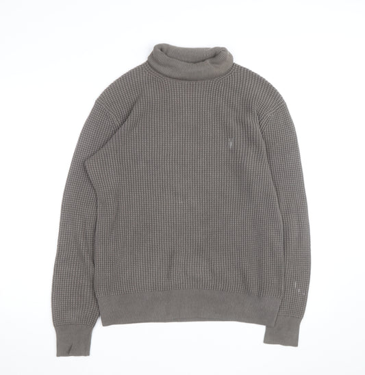 AllSaints Men's Grey XS Roll Neck Waffle-Knit Cotton Jumper