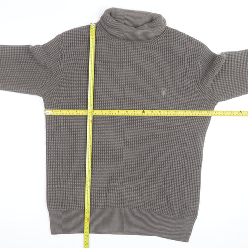 AllSaints Men's Grey XS Roll Neck Waffle-Knit Cotton Jumper