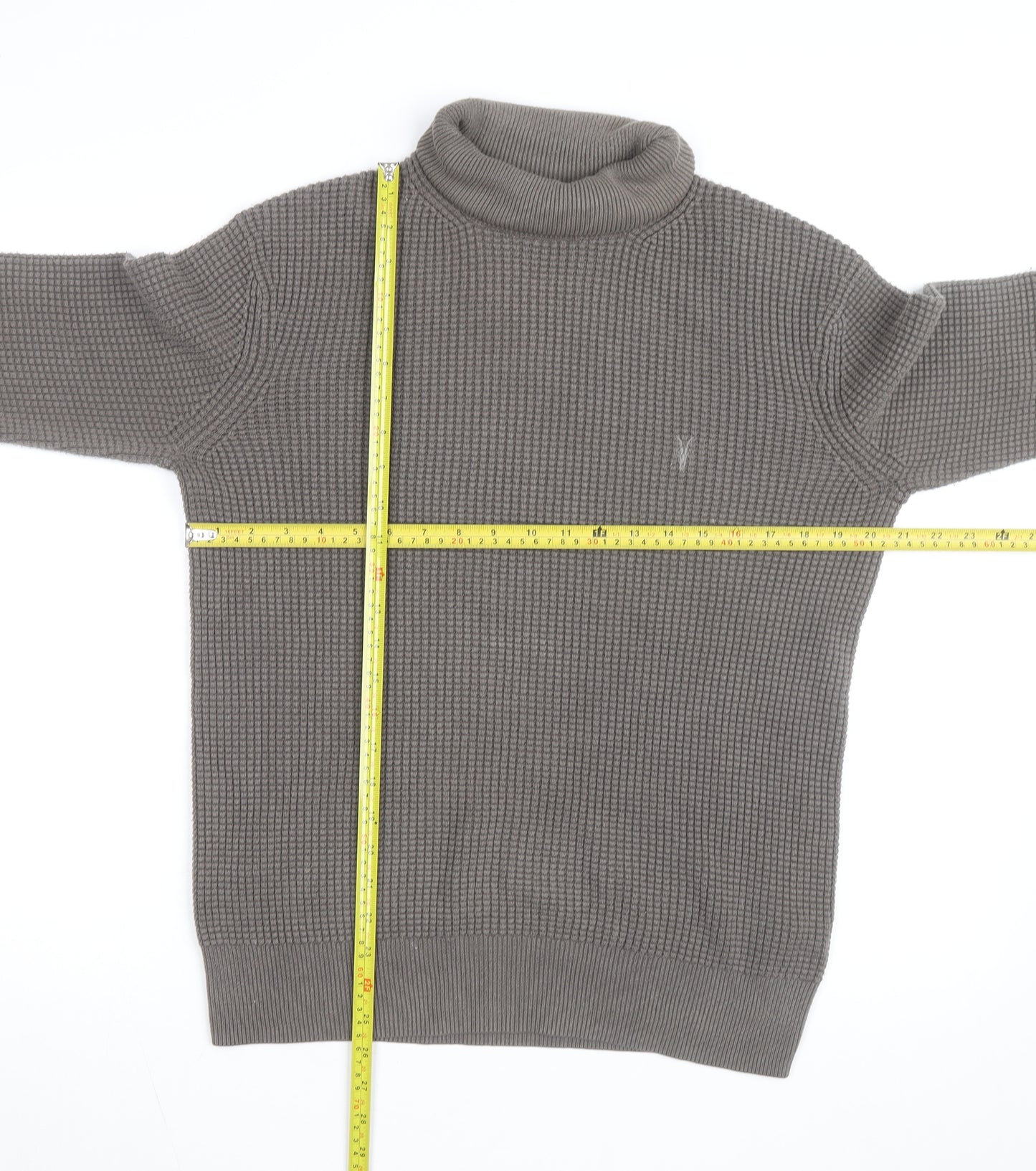 AllSaints Men's Grey XS Roll Neck Waffle-Knit Cotton Jumper