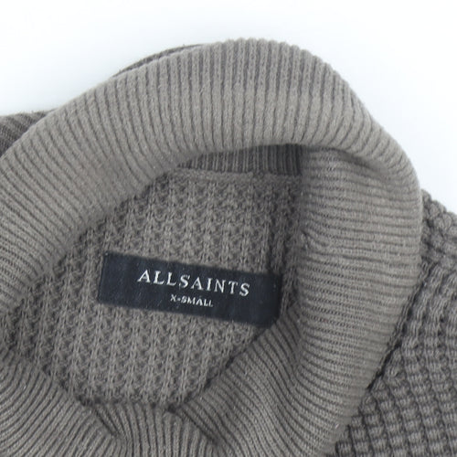 AllSaints Men's Grey XS Roll Neck Waffle-Knit Cotton Jumper