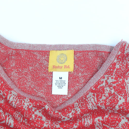 Ruby Rd. Womens Red Metallic Knit 3/4 Sleeve Pullover Jumper Size M