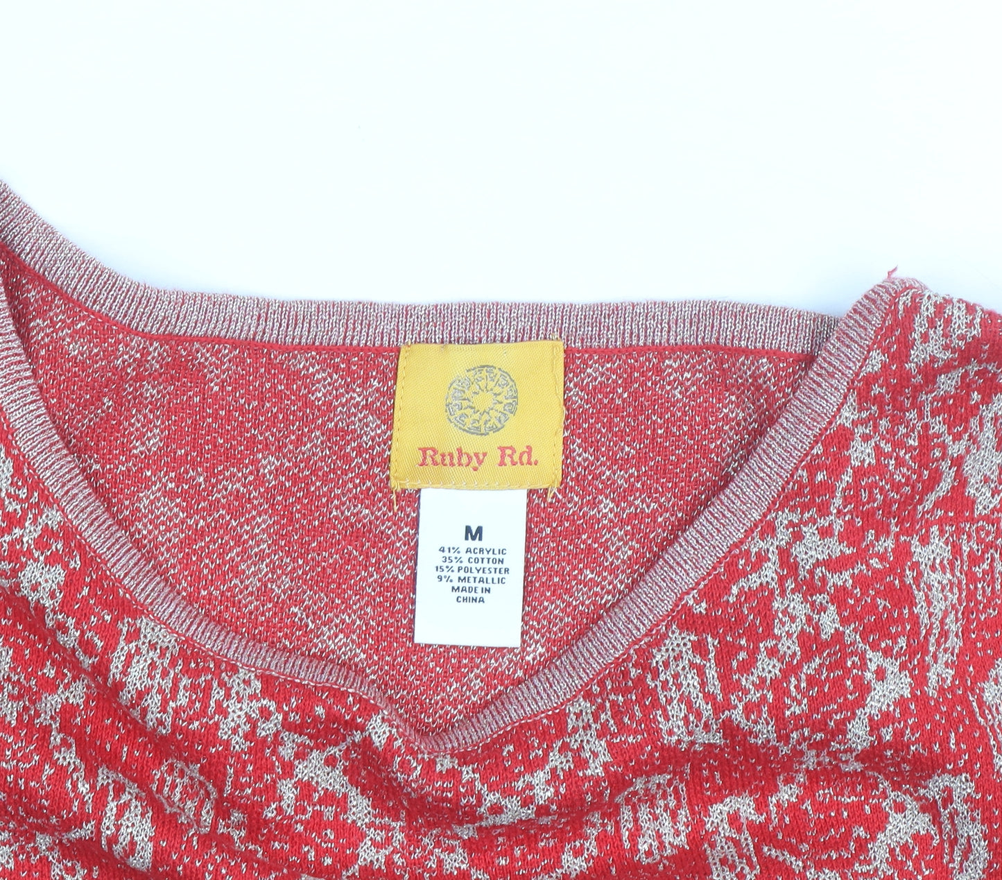 Ruby Rd. Womens Red Metallic Knit 3/4 Sleeve Pullover Jumper Size M