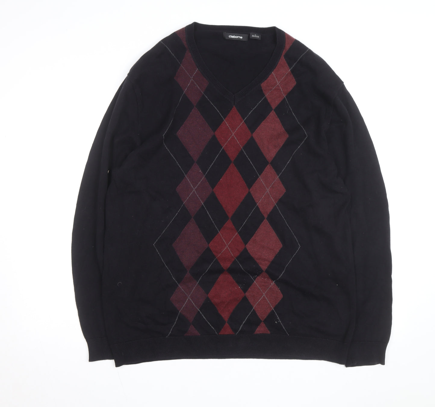 Claiborne Men's Black Argyle Cotton V-Neck Jumper Size L