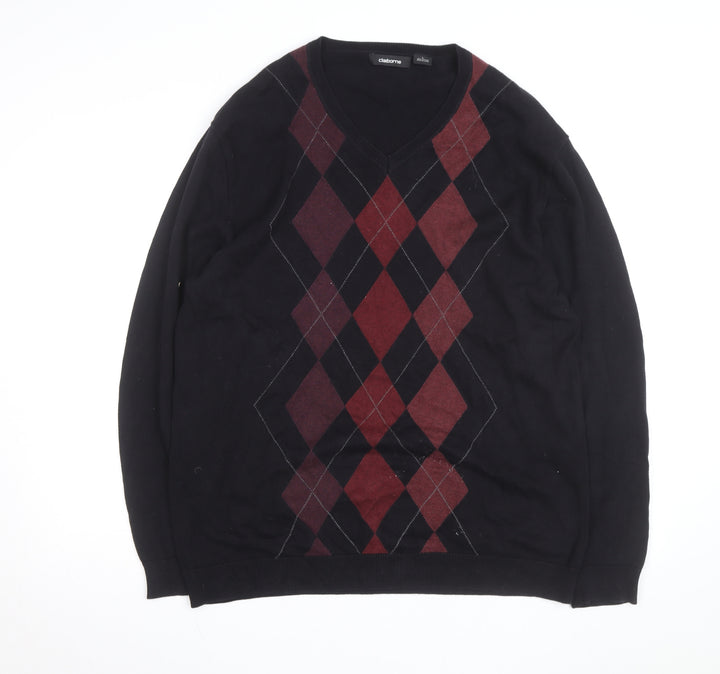 Claiborne Men's Black Argyle Cotton V-Neck Jumper Size L