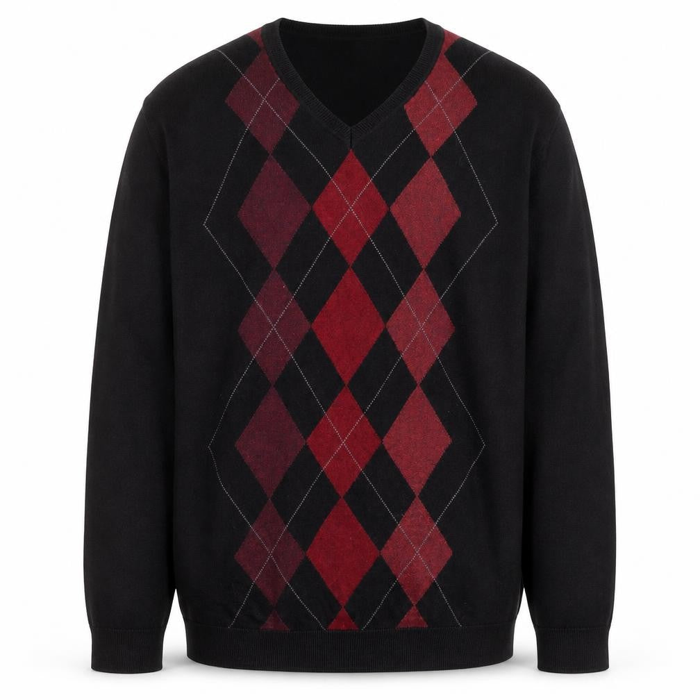 Front view of Claiborne Men's Black Argyle Cotton V-Neck Jumper, size L