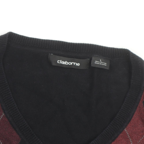 Claiborne Men's Black Argyle Cotton V-Neck Jumper Size L
