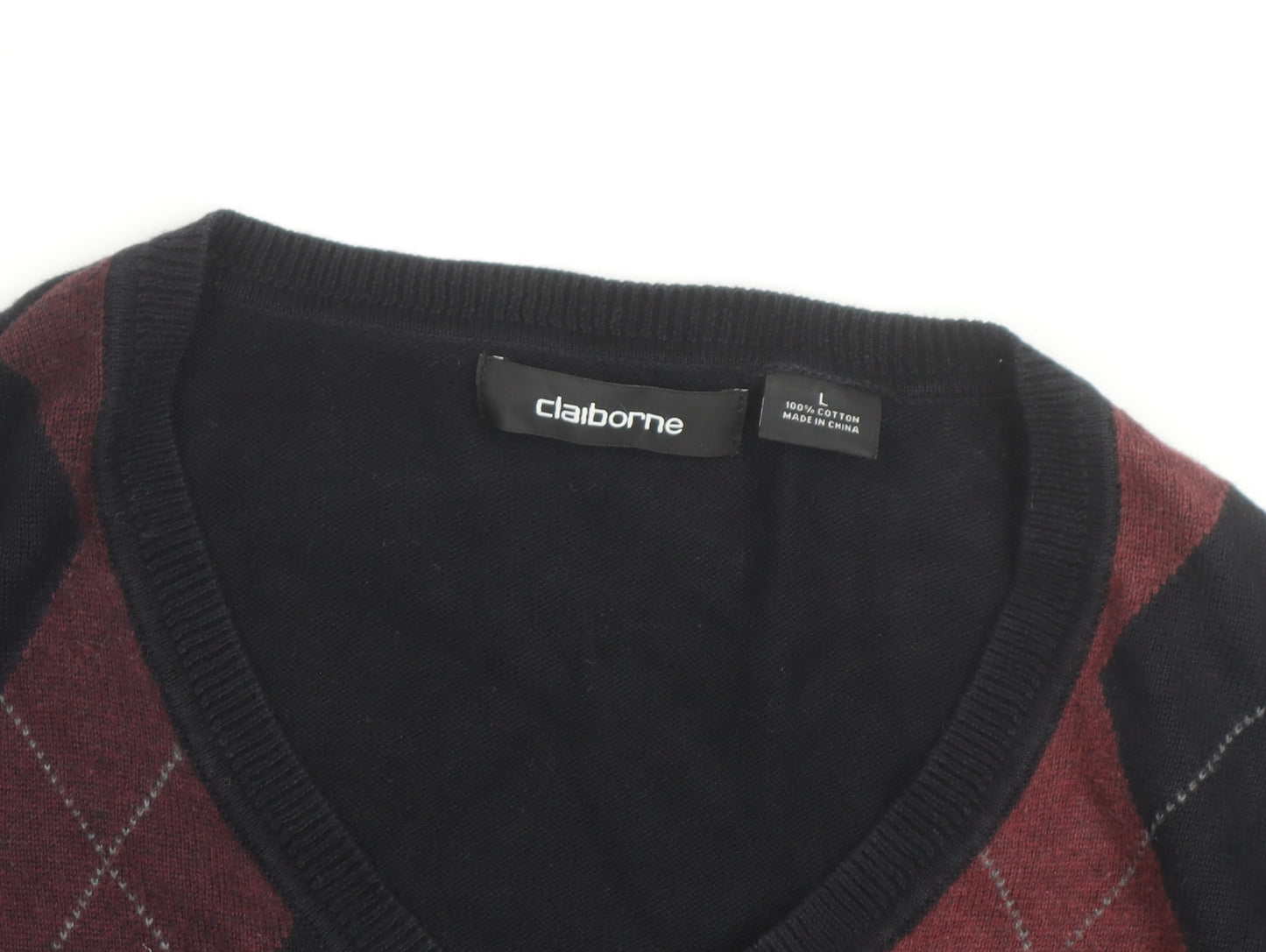Claiborne Men's Black Argyle Cotton V-Neck Jumper Size L