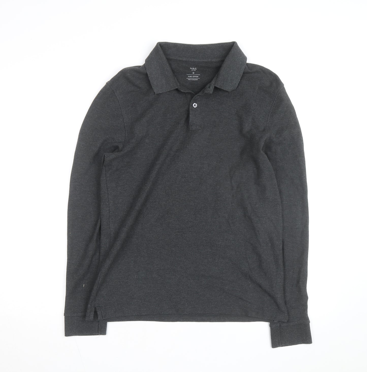 Marks and Spencer Men's Grey Long Sleeve Cotton Polo Shirt M