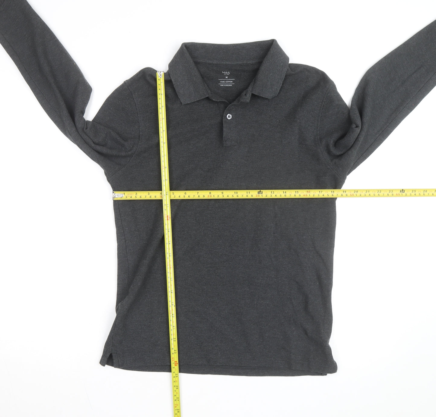 Marks and Spencer Men's Grey Long Sleeve Cotton Polo Shirt M