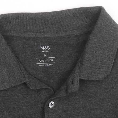 Marks and Spencer Men's Grey Long Sleeve Cotton Polo Shirt M
