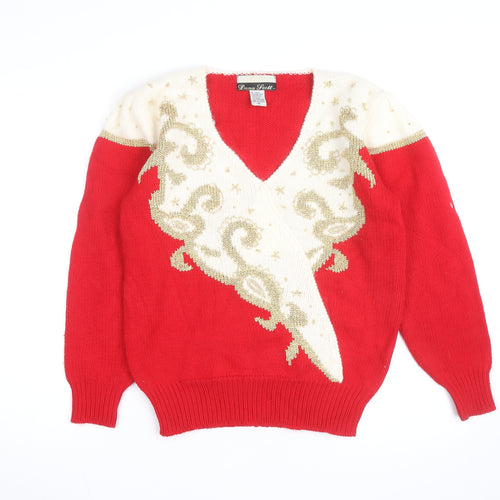 Dana Scott Men's Red Beaded Knit V-Neck Jumper M Classic Winter Style
