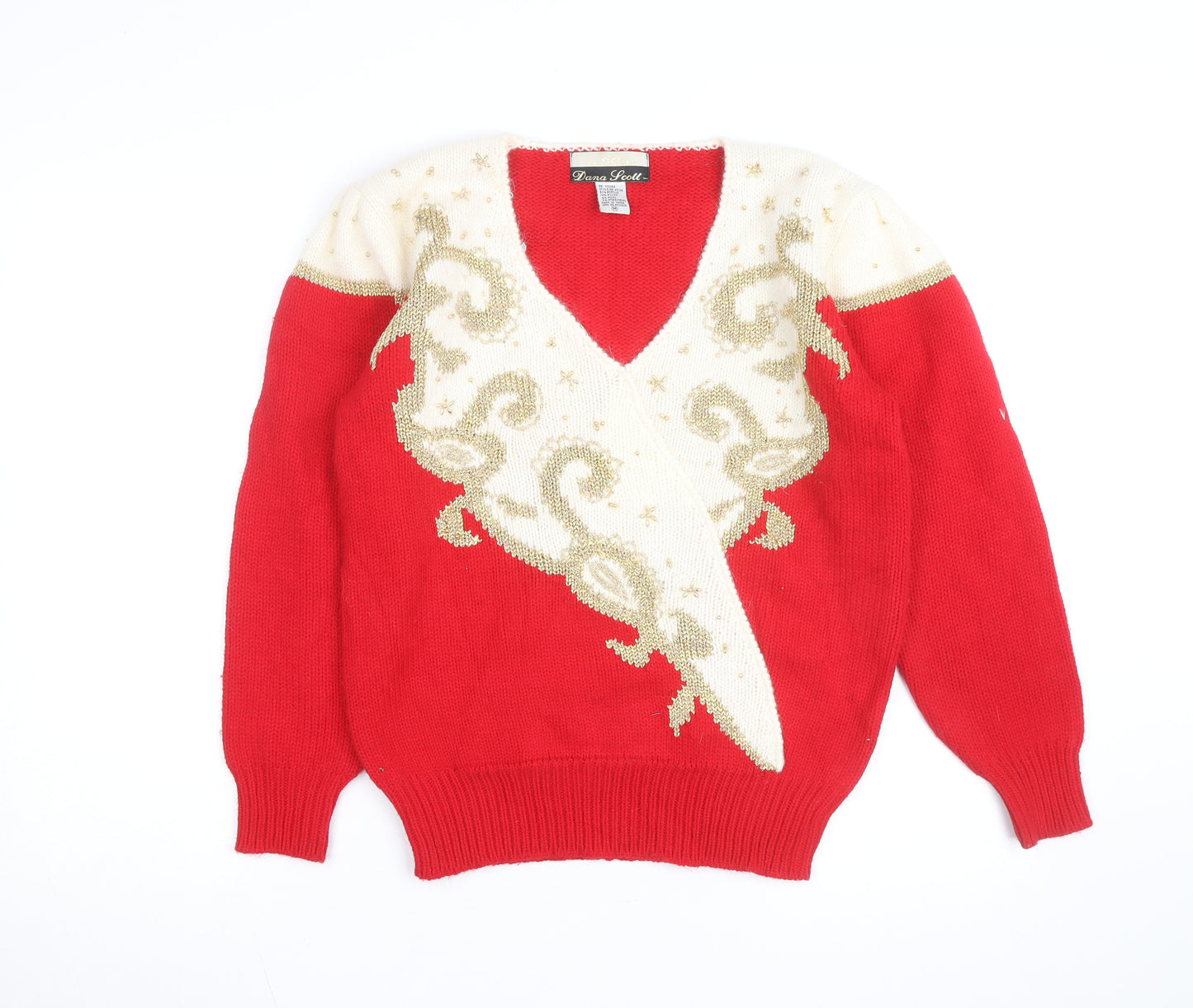 Dana Scott Men's Red Beaded Knit V-Neck Jumper M Classic Winter Style