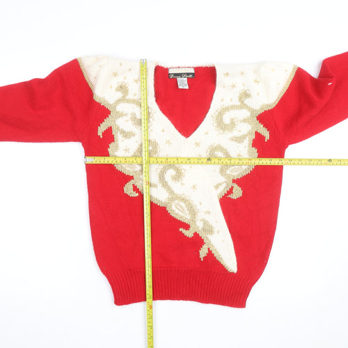 Dana Scott Men's Red Beaded Knit V-Neck Jumper M Classic Winter Style