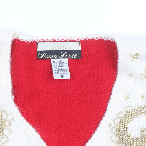 Dana Scott Men's Red Beaded Knit V-Neck Jumper M Classic Winter Style