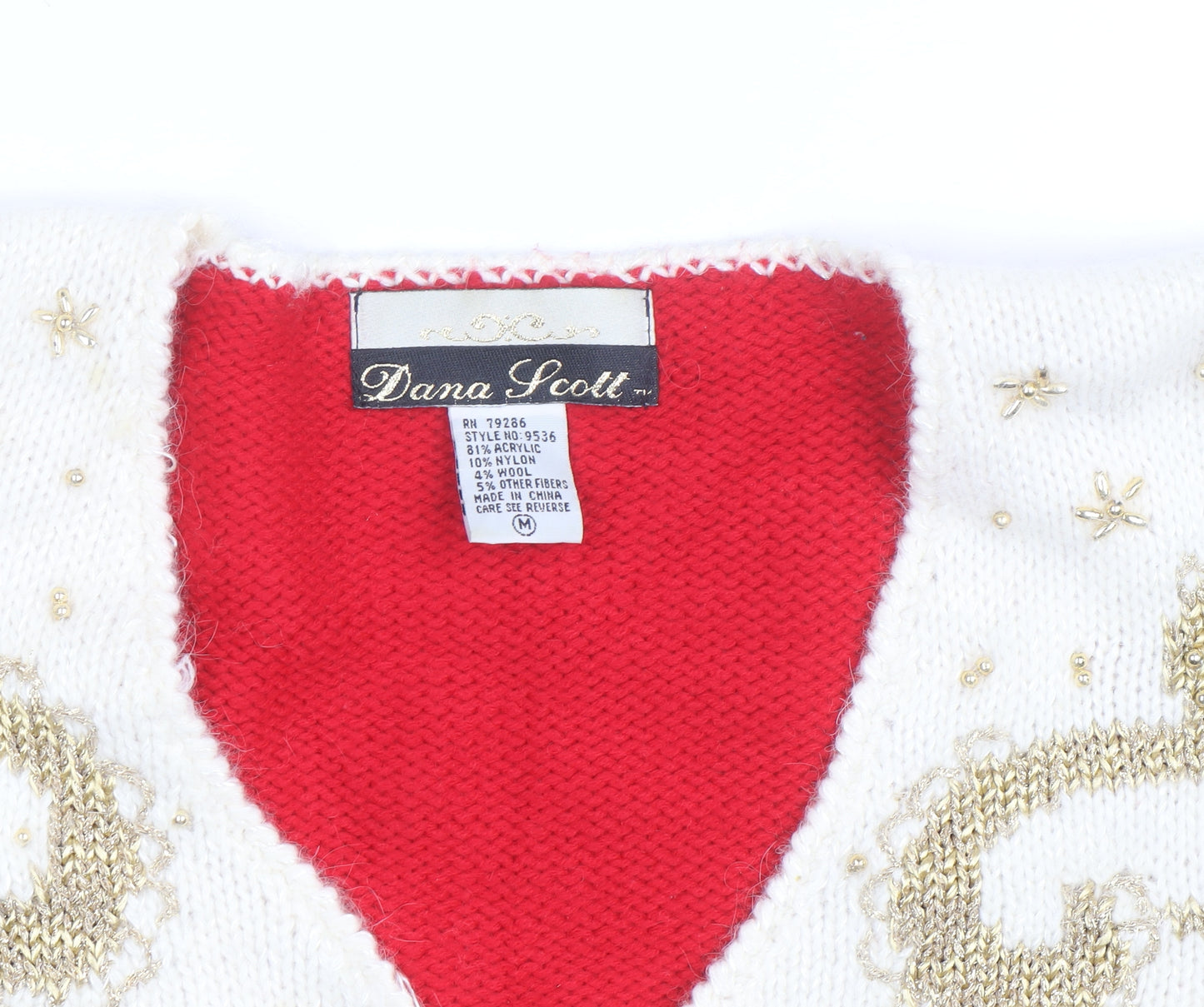 Dana Scott Men's Red Beaded Knit V-Neck Jumper M Classic Winter Style