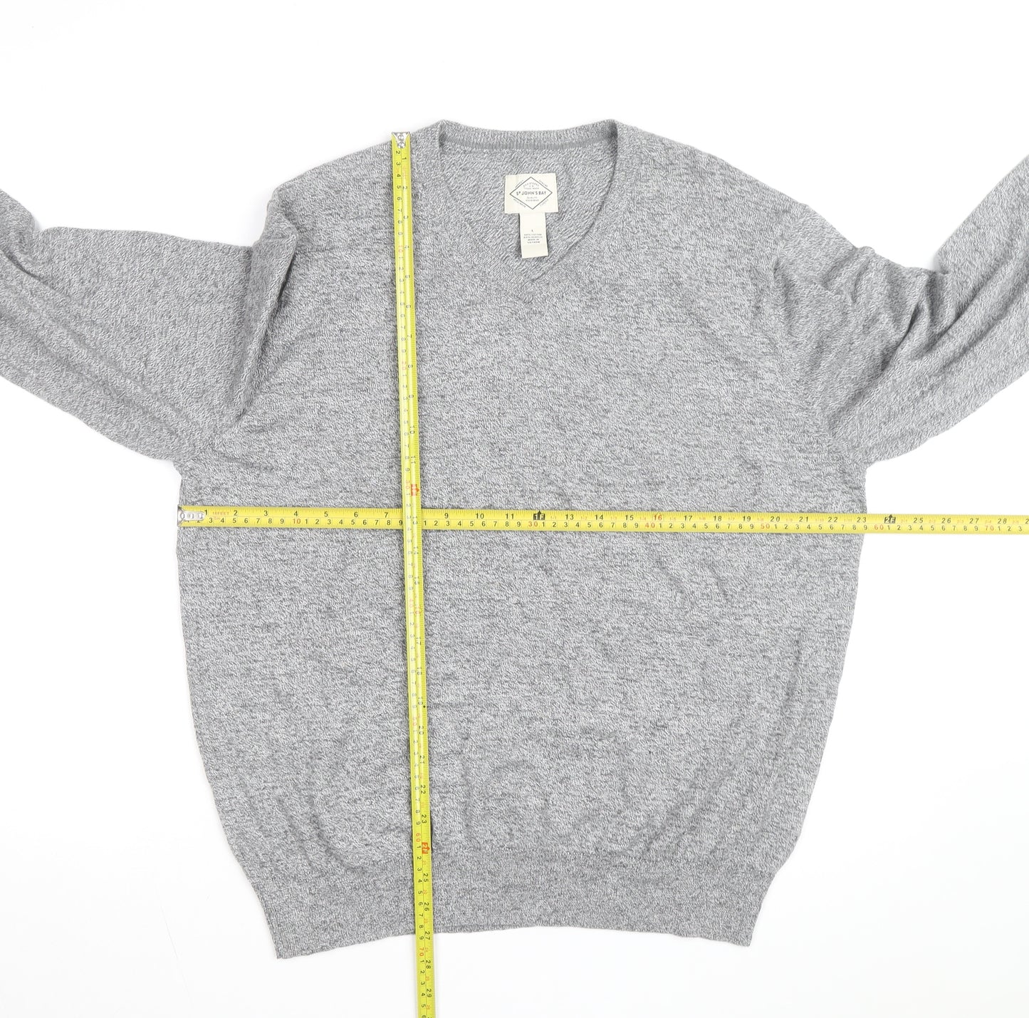 St. John's Bay Men’s Grey V-Neck Cotton Blend Pullover Jumper Size L