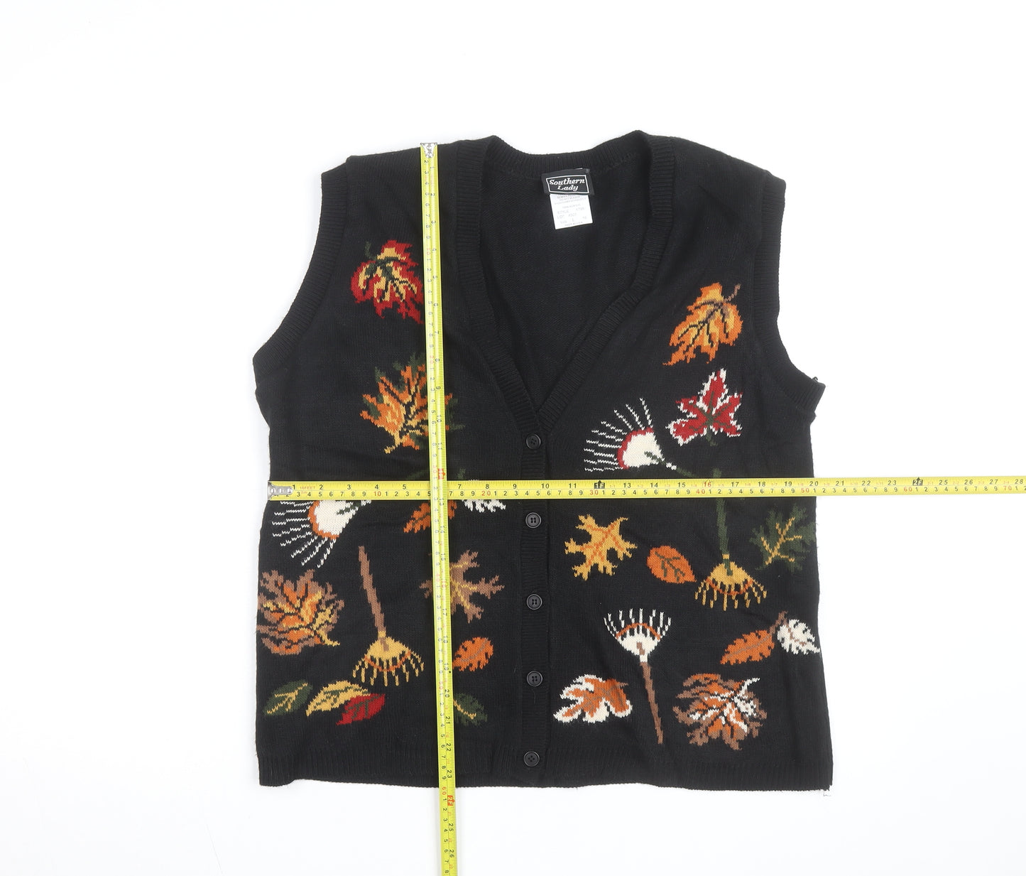 Southern Lady Unisex Black Knit Leaf Pattern Sleeveless Vest L