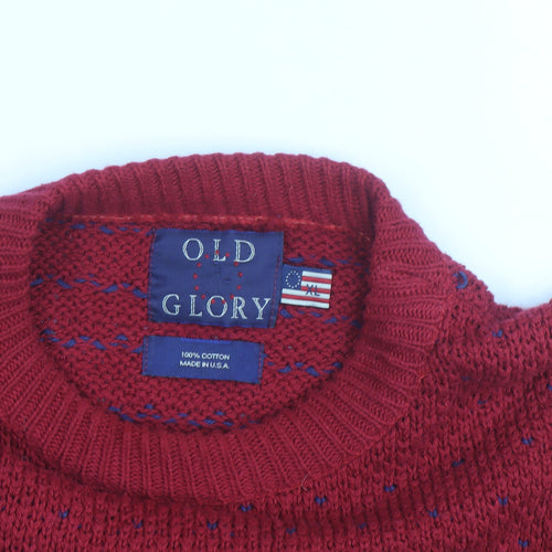 Old Glory Men's Red XL Chunky Knit Cotton Crew Neck Jumper