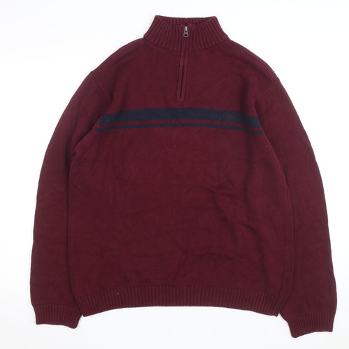 Chaps Men's Red Cotton 1/4 Zip Jumper L High Neck Casual Knitwear
