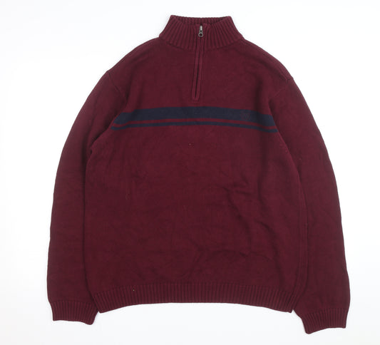 Chaps Men's Red Cotton 1/4 Zip Jumper L High Neck Casual Knitwear
