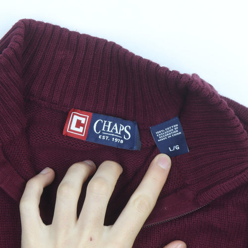 Chaps Men's Red Cotton 1/4 Zip Jumper L High Neck Casual Knitwear