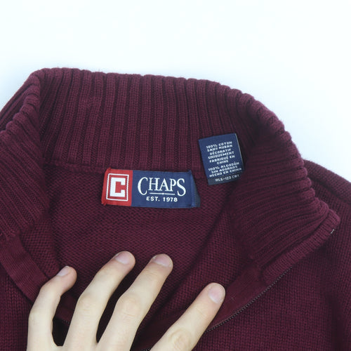 Chaps Men's Red Cotton 1/4 Zip Jumper L High Neck Casual Knitwear