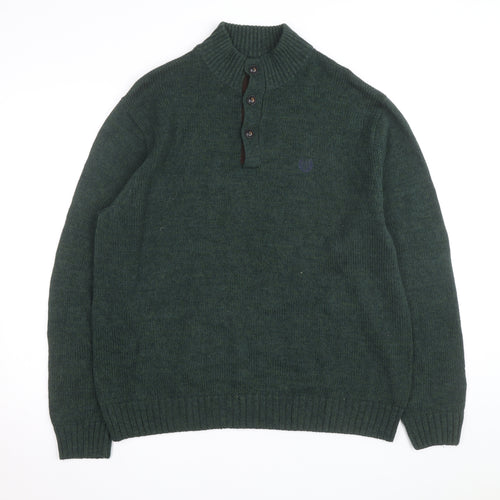 Chaps Men's Green Cotton Henley Jumper XL High Neck Elbow Patches