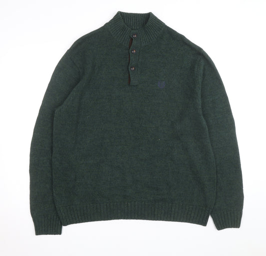 Chaps Men's Green Cotton Henley Jumper XL High Neck Elbow Patches
