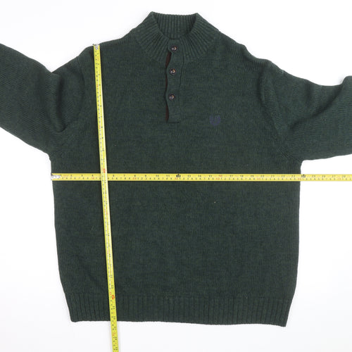 Chaps Men's Green Cotton Henley Jumper XL High Neck Elbow Patches