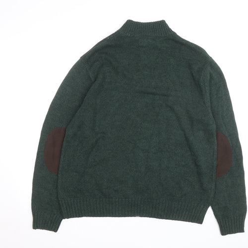 Chaps Men's Green Cotton Henley Jumper XL High Neck Elbow Patches