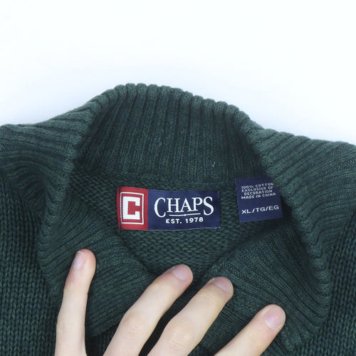 Chaps Men's Green Cotton Henley Jumper XL High Neck Elbow Patches
