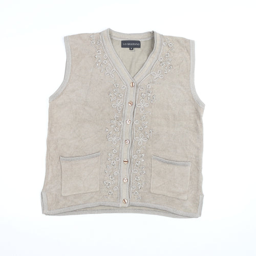 La Madona Women's Beige Embroidered Knit Vest M Classic Floral Style