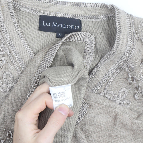La Madona Women's Beige Embroidered Knit Vest M Classic Floral Style