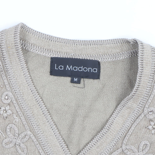 La Madona Women's Beige Embroidered Knit Vest M Classic Floral Style