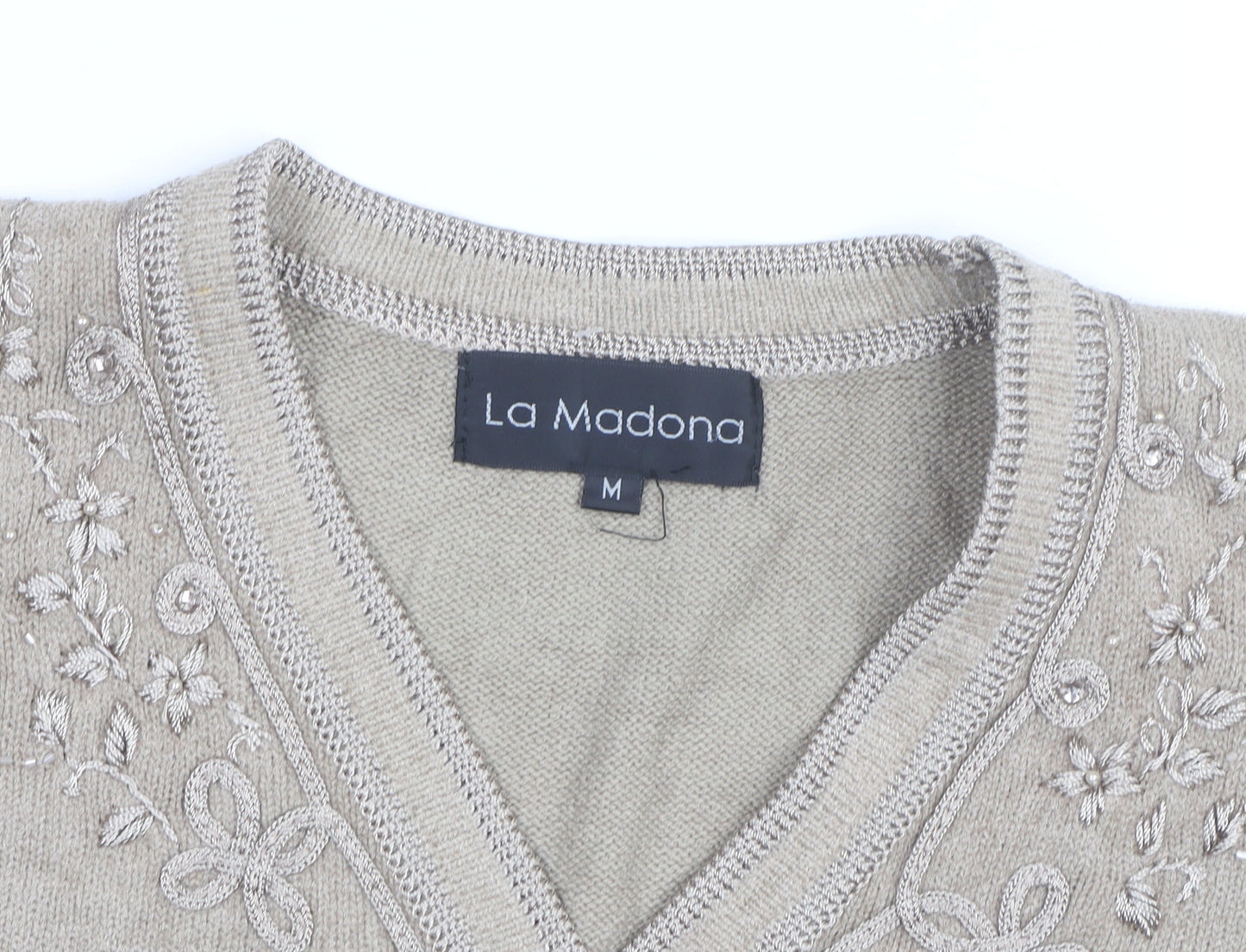 La Madona Women's Beige Embroidered Knit Vest M Classic Floral Style