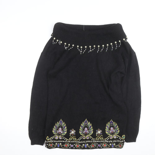 Victoria Jones Women's Black Beaded Bohemian Knit Jumper Size S