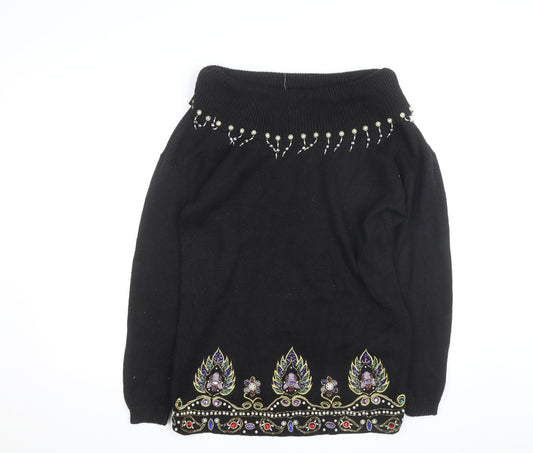Victoria Jones Women's Black Beaded Bohemian Knit Jumper Size S