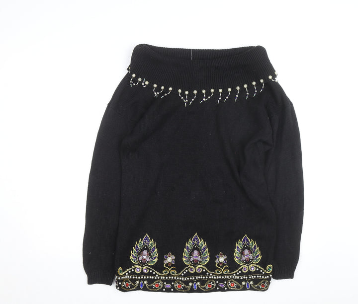 Victoria Jones Women's Black Beaded Bohemian Knit Jumper Size S