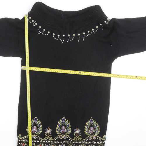 Victoria Jones Women's Black Beaded Bohemian Knit Jumper Size S