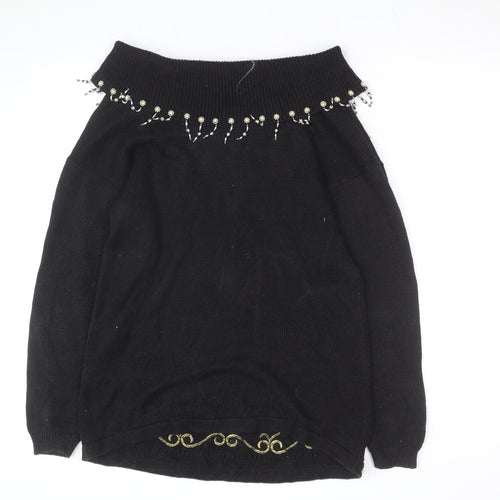 Victoria Jones Women's Black Beaded Bohemian Knit Jumper Size S