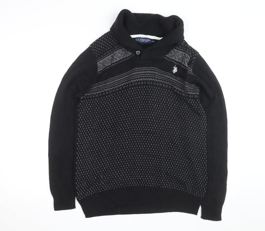 U.S. Polo Assn. Men's Black Cotton Collared Pullover Jumper Size M